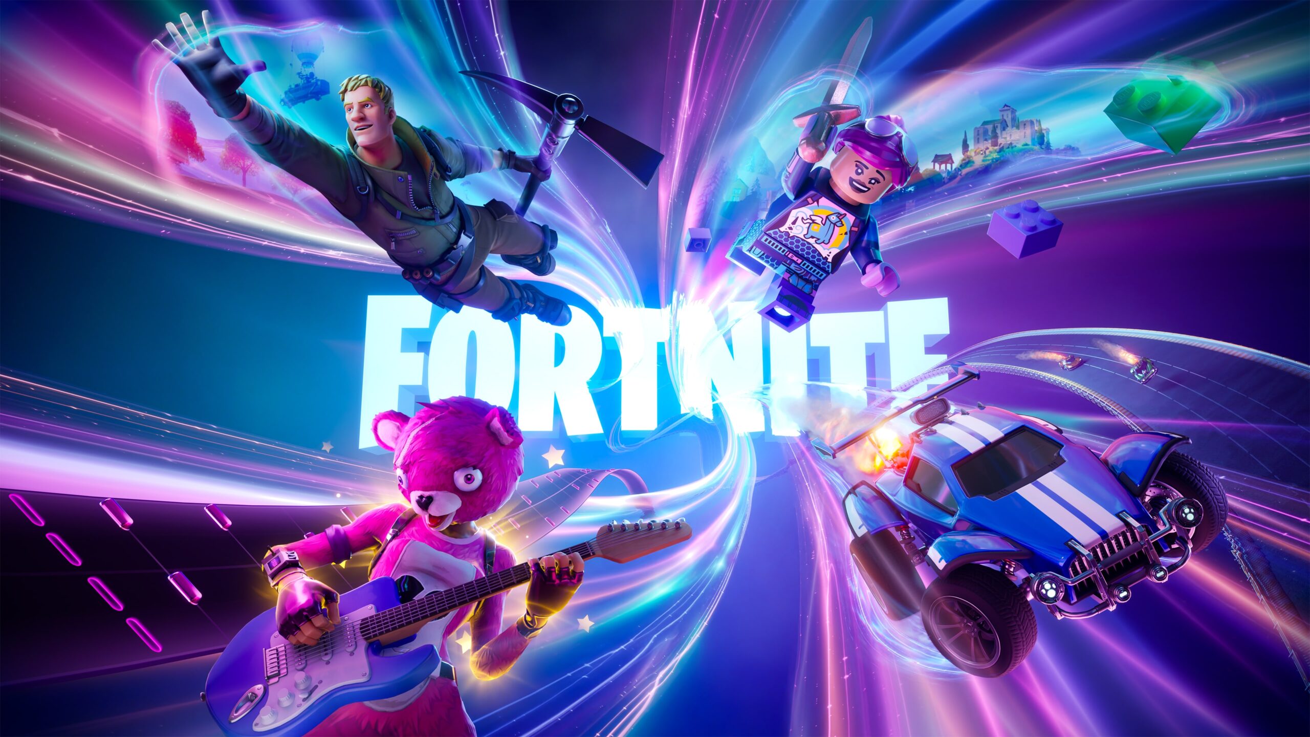 Fortnite lwallpaper with dancing bear, car, and others